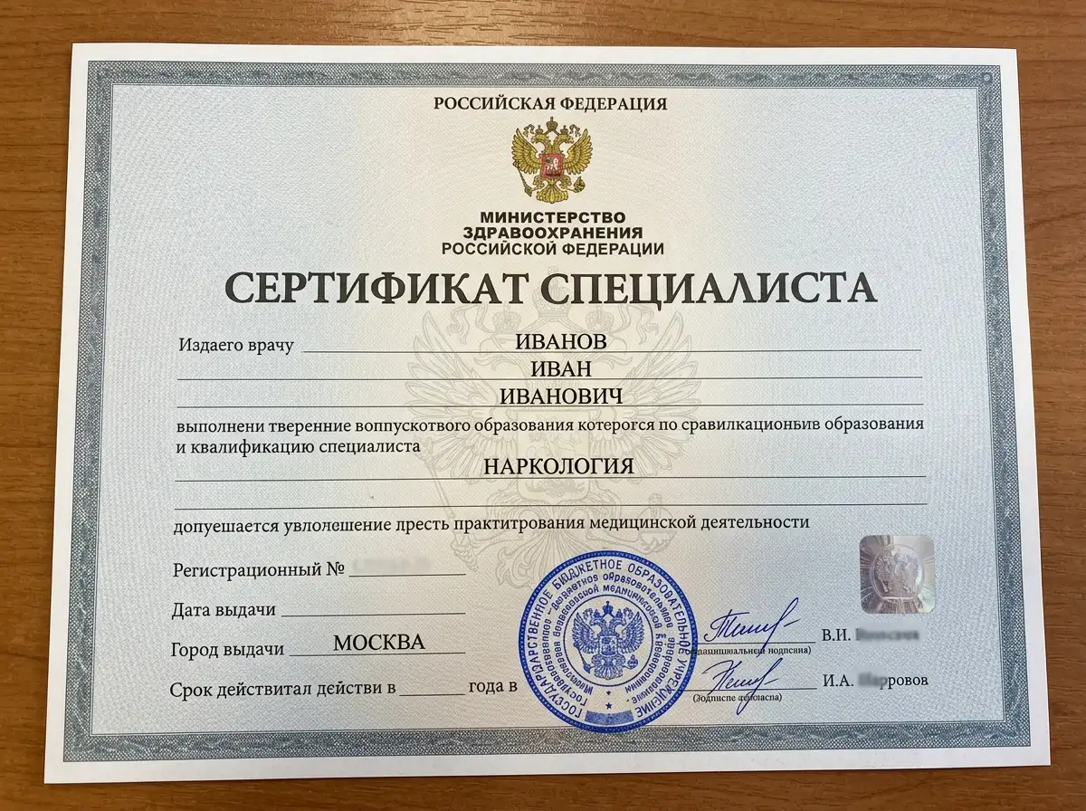 Сертификат специалиста врача-нарколога, Министерство здравоохранения РФ, официальный документ